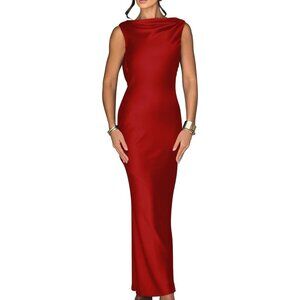 Women's Red Elegant Sleeveless High Neck Tie Cocktail Wedding Party Maxi